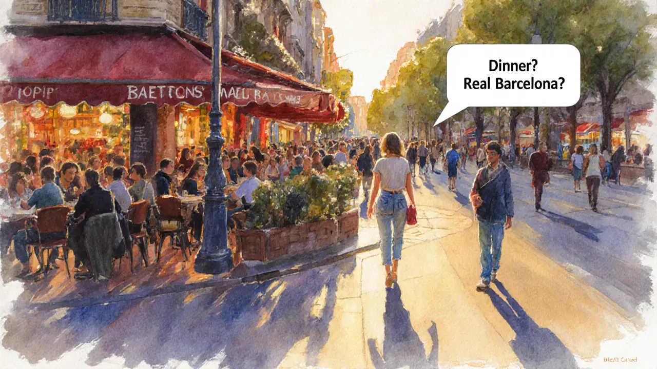 Woman walking past a café in Barcelona at dusk, subtle hint of digital communication in the air.