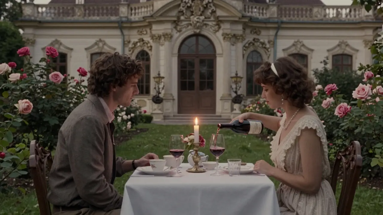A couple dines in a private Vienna garden with a companion, surrounded by roses and candlelight.