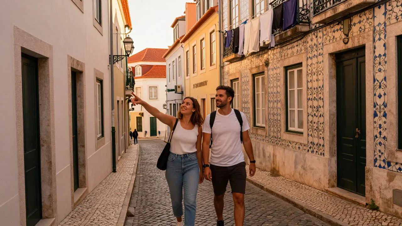 A couple explores Lisbon’s Alfama alleys with a companion, discovering hidden views at golden hour.
