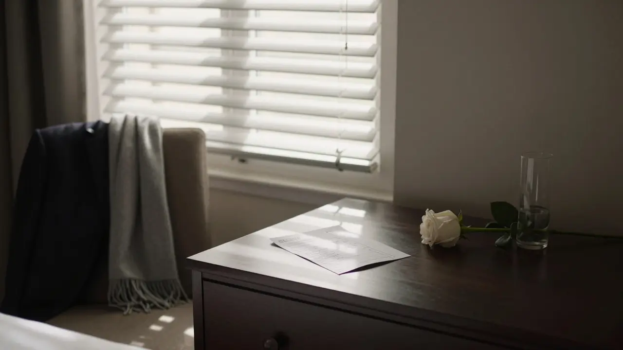 An empty hotel room in Paris with a folded bill, handwritten note, and a single rose on the dresser.
