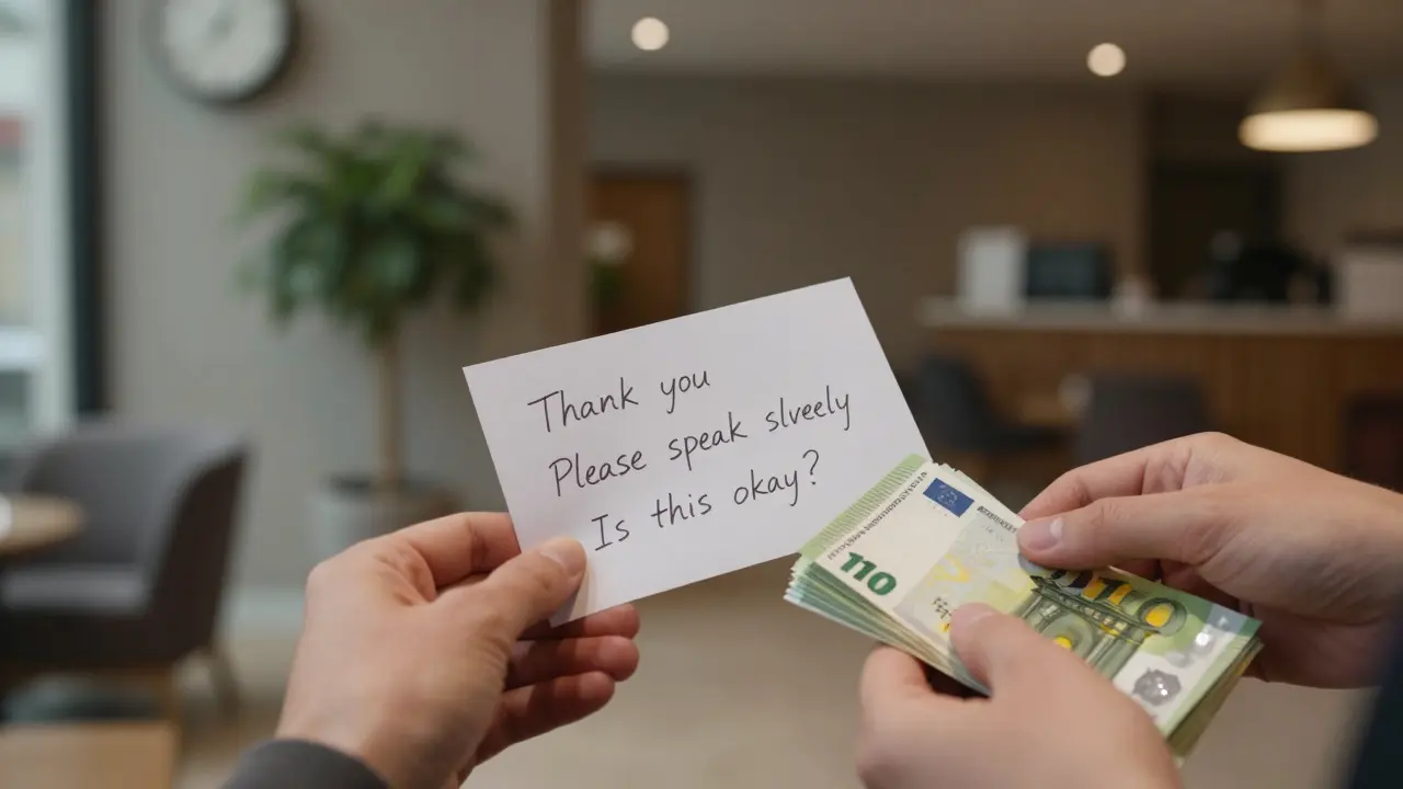 Hands showing handwritten phrases and cash on a table in a quiet Amsterdam hotel lobby.