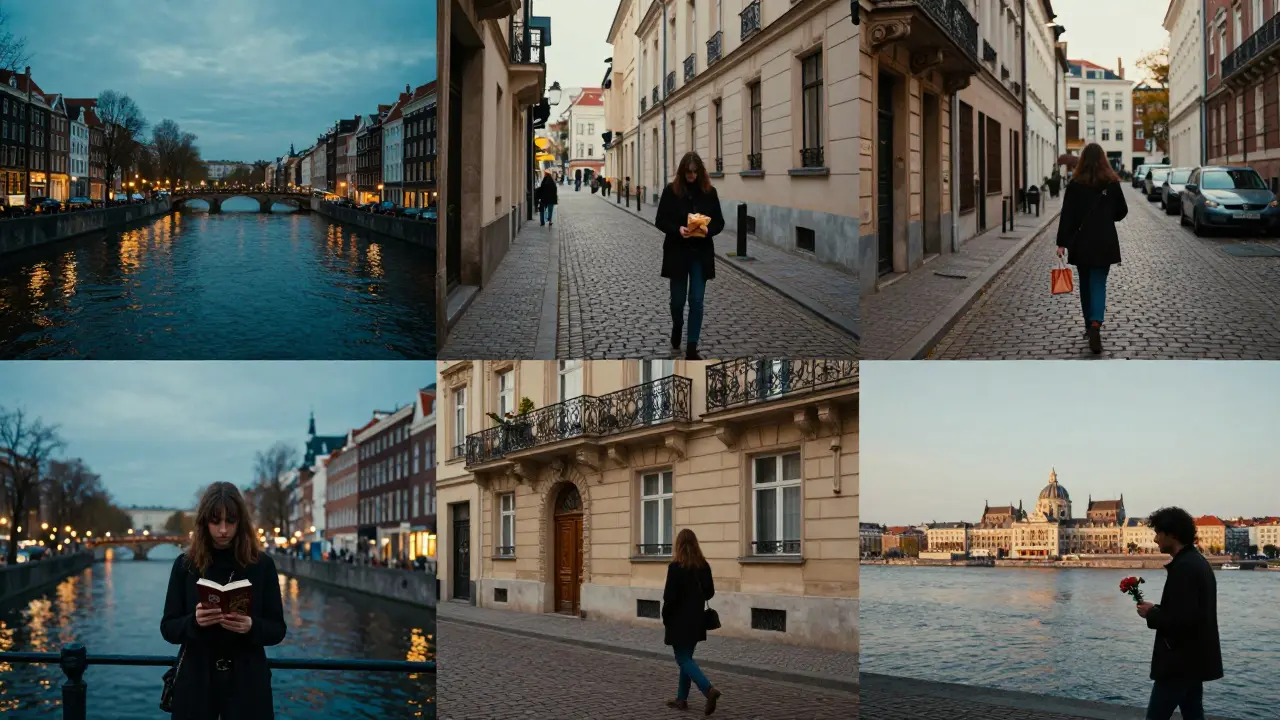 Silhouettes of individuals walking through European cities at dusk, each holding a small thoughtful gift.