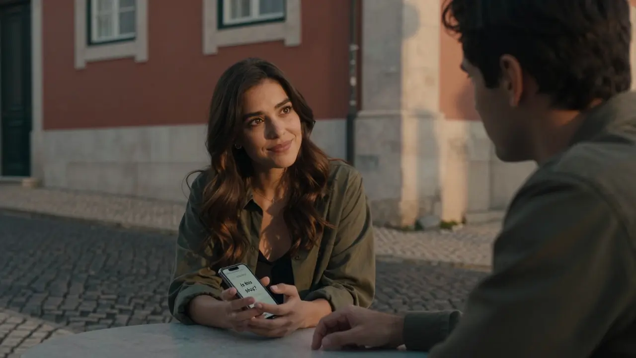 Woman in Lisbon checks a typed message on her phone while man observes her expression warmly.